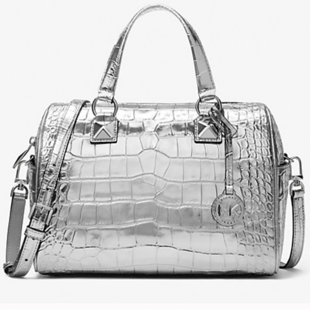 Michael Kors Silver Croc Embossed Medium Grayson Satchel